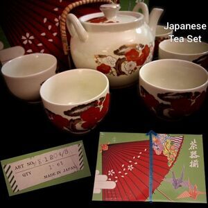 VINTAGE: Japanese Tea Set / Cherry Blossoms Red Orange / Gold / Green Design NIB